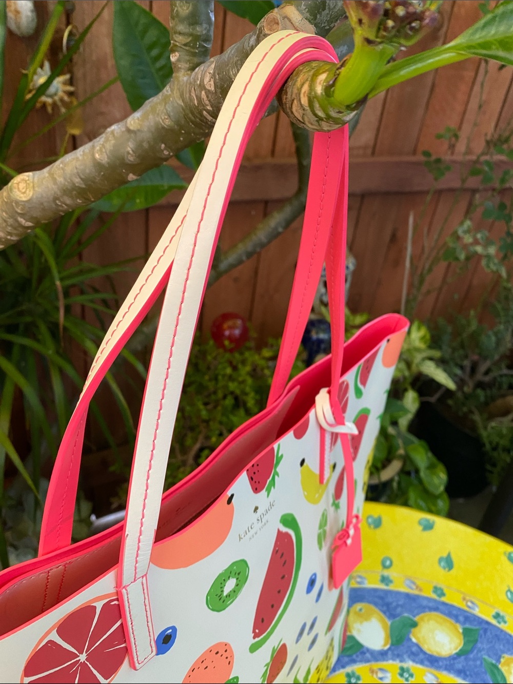 kate spade White Multicolor Fruit Print Tote with Pink Trim - Picture 8 of 12